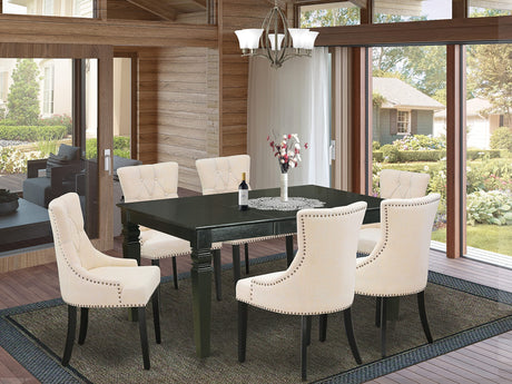 East West Furniture WEFR7-BLK-02 7 Piece Dinette Set Consist of a Rectangle Dining Room Table with Butterfly Leaf and 6 Light Beige Linen Fabric Upholstered Chairs, 42x60 Inch, Black East West Furniture