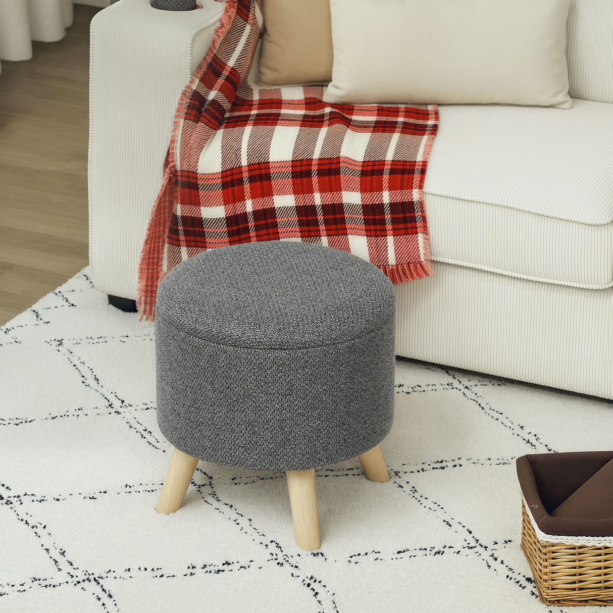 HOMCOM Round Storage Ottoman, Linen Fabric Foot Stool with Removable Top, Padded Seat, Small Foot Rest with Hidden Space and Wooden Legs for Living Room, Gray HOMCOM