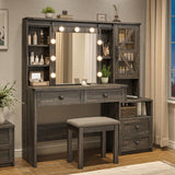 EnHomee 47.2"W Farmhouse Vanity Makeup Vanity Desk with Mirror and Lights,Vanity Table with 4 Drawers & Shelves Big Makeup Desk with Charging Station for Bedroom, Dark Rustic Oak (Stool not Included) EnHomee