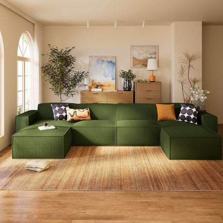 Marsail Modular Sectional Sofa, 142" U-Shaped Modular Sectional Couch with Deep Seat, Freely Combinable Sectional Clound Sofa for Living Room, No Assembly, Plush Corduroy Fabric, Green Marsail