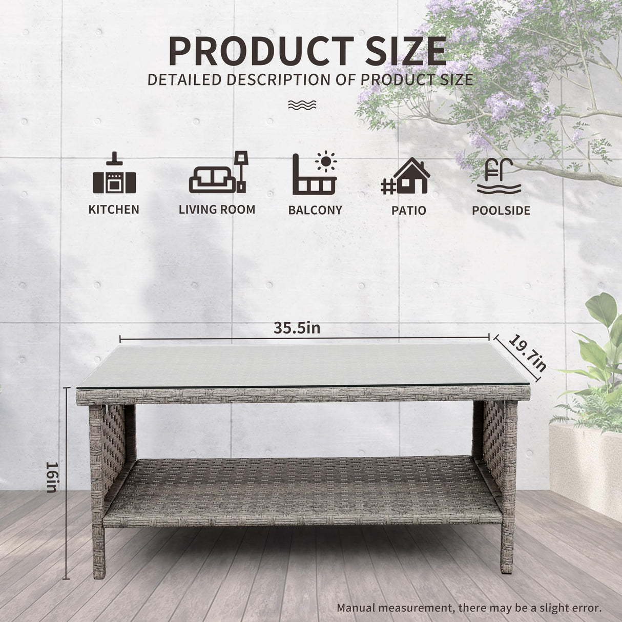 WAROOM Outdoor PE Wicker Coffee Table - Patio Rattan Garden Side End Tea Table with Glass Top Furniture, Grey WAROOM