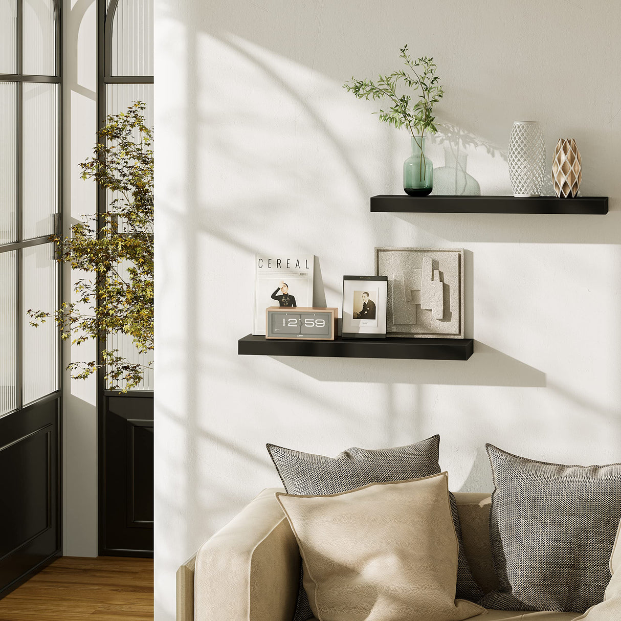 BAMEOS Floating Shelf,Wall Shelf,Decor Wall Mounted Shelves,Hanging Shelf Set L24xW6 for Bathroom Kitchen Living,Kitchen,Room Bedroom Storage,Black BAMEOS