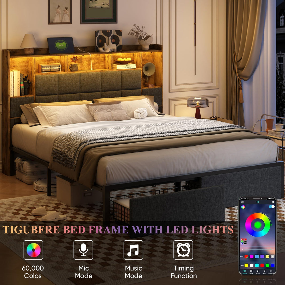 TIGUBFRE King Size Bed Frame with Bookcase Storage Drawers, LED Lights, Upholstered Platform Bed Frame with Headboard, Charging Station, Metal Slats Support, Noise Free, No Box Spring Needed, Grey TIGUBFRE