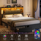 TIGUBFRE King Size Bed Frame with Bookcase Storage Drawers, LED Lights, Upholstered Platform Bed Frame with Headboard, Charging Station, Metal Slats Support, Noise Free, No Box Spring Needed, Grey TIGUBFRE