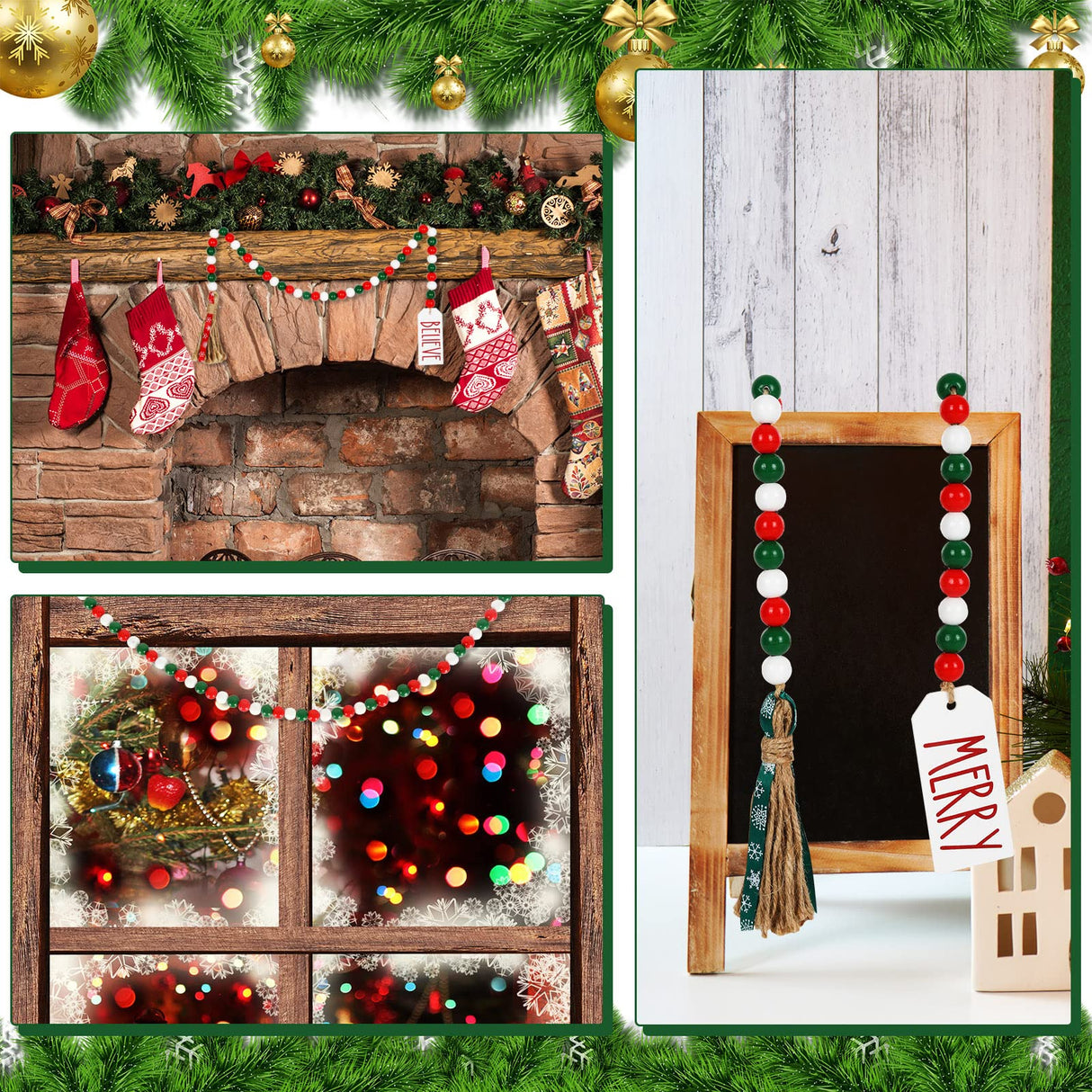 Whaline 2Pcs Christmas Wooden Bead Garlands Xmas Natural Wood Bead Garland with Rope Tassel Classical Red Green Beads Hanging Decor for Farmhouse Tiered Tray Home Wall Decor Christmas Party Suppliers Whaline