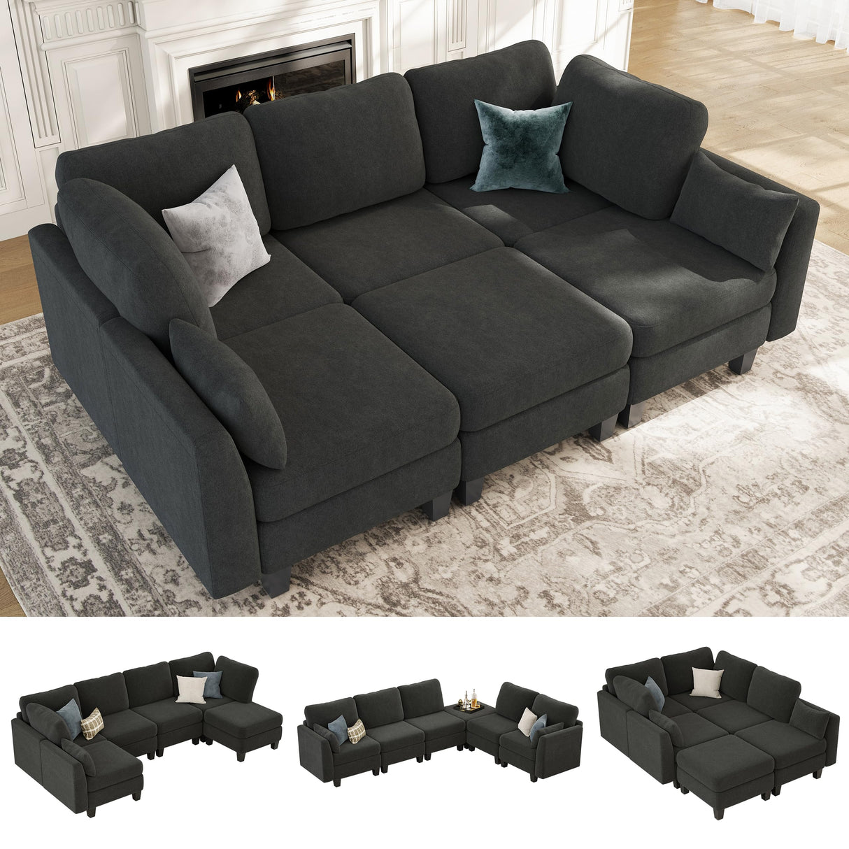 Dowiean Sectional Sleeper Sofa, 6 Seaters Modular Sleeper Sofa Couch, Comfy Sectionals Couches Bed, Convertible Sofas with Ottomans, Modular Sectional Couches for Living Room, Dark Grey Dowiean