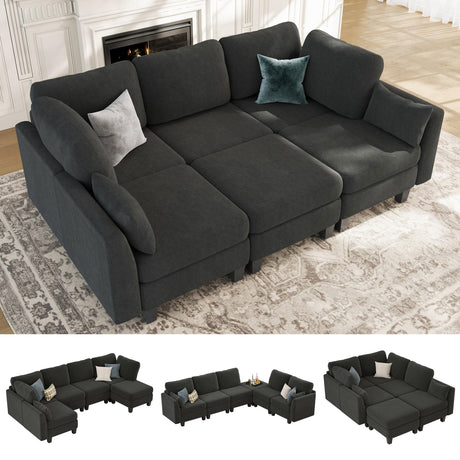 Dowiean Sectional Sleeper Sofa, 6 Seaters Modular Sleeper Sofa Couch, Comfy Sectionals Couches Bed, Convertible Sofas with Ottomans, Modular Sectional Couches for Living Room, Dark Grey Dowiean