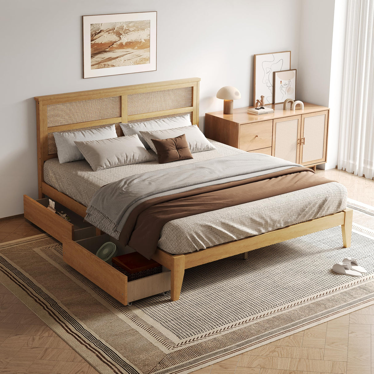 DEINPPA King Bed Frame Solid Rubber Wood Platform Bed with Rattan Headboard and 2 Storage Drawers, Boho Style/Wooden Slats Support/Noise-Free/8 inch Space Underneath/No Box Spring Need-Natural DEINPPA