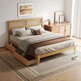 DEINPPA King Bed Frame Solid Rubber Wood Platform Bed with Rattan Headboard and 2 Storage Drawers, Boho Style/Wooden Slats Support/Noise-Free/8 inch Space Underneath/No Box Spring Need-Natural DEINPPA