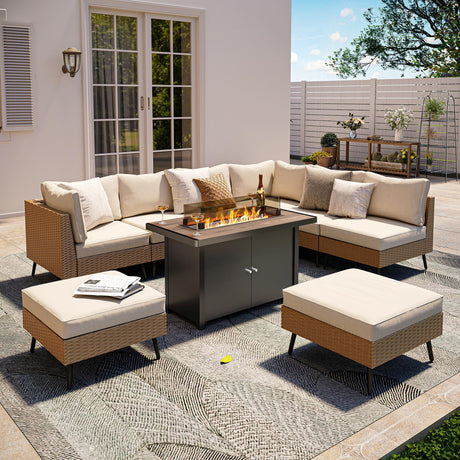 LAUSAINT HOME 9 Pieces Outdoor Patio Furniture Set with 43" Propane Gas Fire Pit Table, Outdoor Sectional Sofa PE Rattan Wicker Patio Conversation Sets with Thick Cushions(Beige LAUSAINT HOME