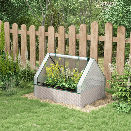 Outsunny 4 x 3 x 1ft Raised Garden Bed with Mini Greenhouse, Galvanized Outdoor Planter Box with Cover, for Herbs and Vegetables, Use for Patio, Garden, Balcony, White Cover and Brown Planter Outsunny