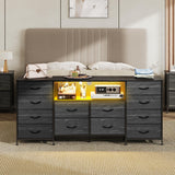 WLIVE 12 Drawer Dresser for Bedroom, Black Dresser TV Stand for 65, 70, 75 inch TV with Led Light & Charging Station, Wide Chest of Drawers with Open Shelves, Fabric Dressers for Closet, Living Room WLIVE