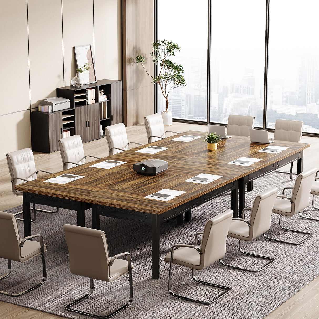 Tribesigns Rectangular Conference Table for 4-6 People, Office Meeting Table with Sturdy Legs, Small Conference Room Table for Office Meeting Breakroom, Brown and Black Tribesigns