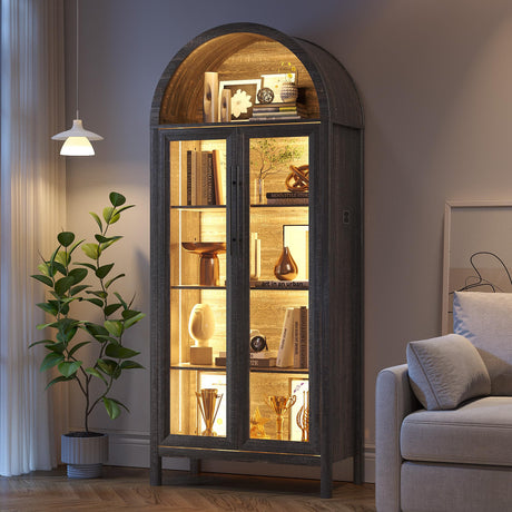 HWB Display Curio Cabinet with Glass Doors, Arched Bookcase 5-Tier Tall Storage Cabinet for Collectibles, Display Case with 3 Color Lights, Human Sensor Design, Brown HWB