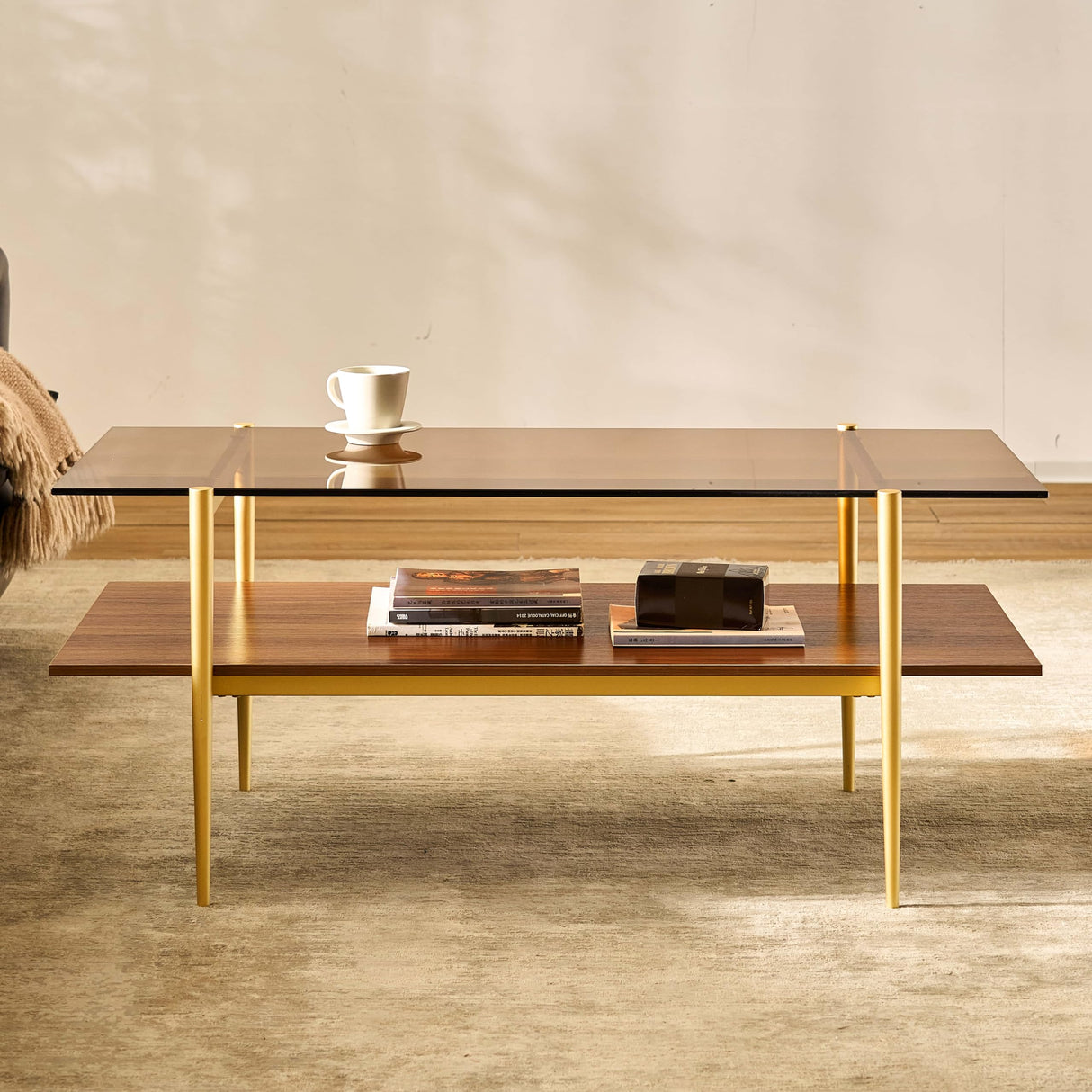 AGV LIGHTING 202206 Tadio Glass Coffee Table, Double Layer Coffee Table for Living Space, Gold Finish Frmae, Coffee Brown Glass Top & Walnut Brown Wood Top AGV LIGHTING