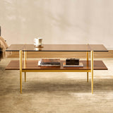 AGV LIGHTING 202206 Tadio Glass Coffee Table, Double Layer Coffee Table for Living Space, Gold Finish Frmae, Coffee Brown Glass Top & Walnut Brown Wood Top AGV LIGHTING