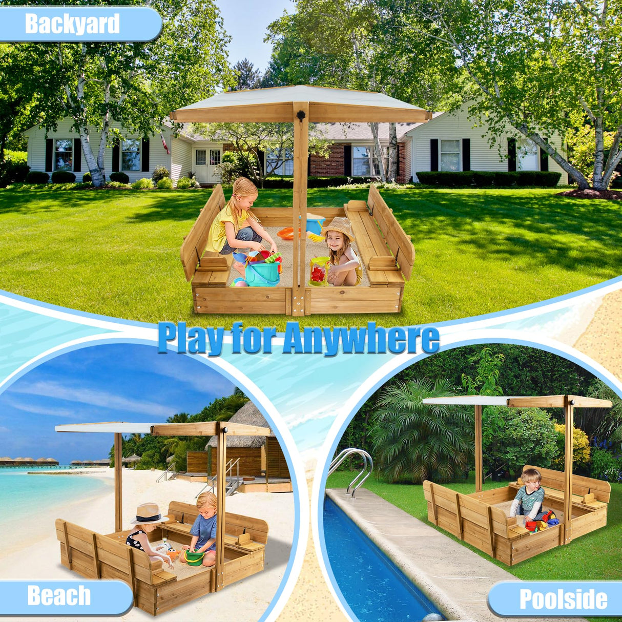 PetsCosset Wooden Sandbox with Cover, Sand Boxes for Kids Outdoor with Lid, Sandbox with 2 Foldable Bench Seats for Backyard (47x47in), UV-Resistant & Adjustable Height Roof, Gift for Ages 2-8 PetsCosset