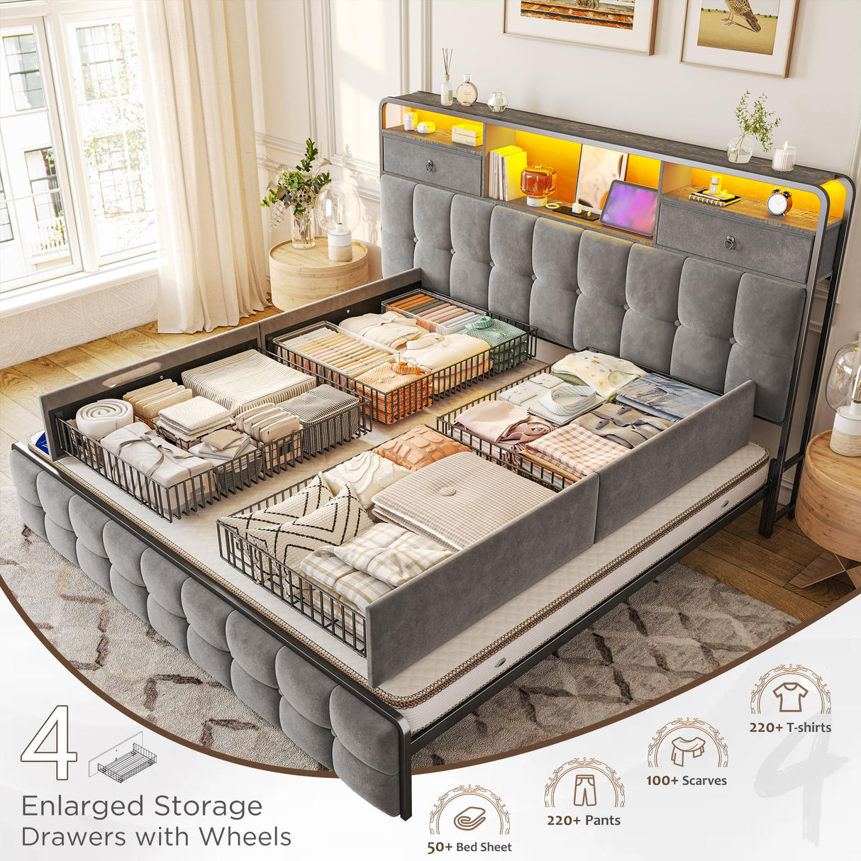 EnHomee King Bed Frame with 4 Storage Drawers King Size Bed Frame with Headboard Built in Charging Station and LED Lights, No Noise, No Box Spring Needed, Easy Assembly, Grey EnHomee