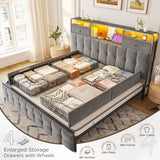 EnHomee King Bed Frame with 4 Storage Drawers King Size Bed Frame with Headboard Built in Charging Station and LED Lights, No Noise, No Box Spring Needed, Easy Assembly, Grey EnHomee