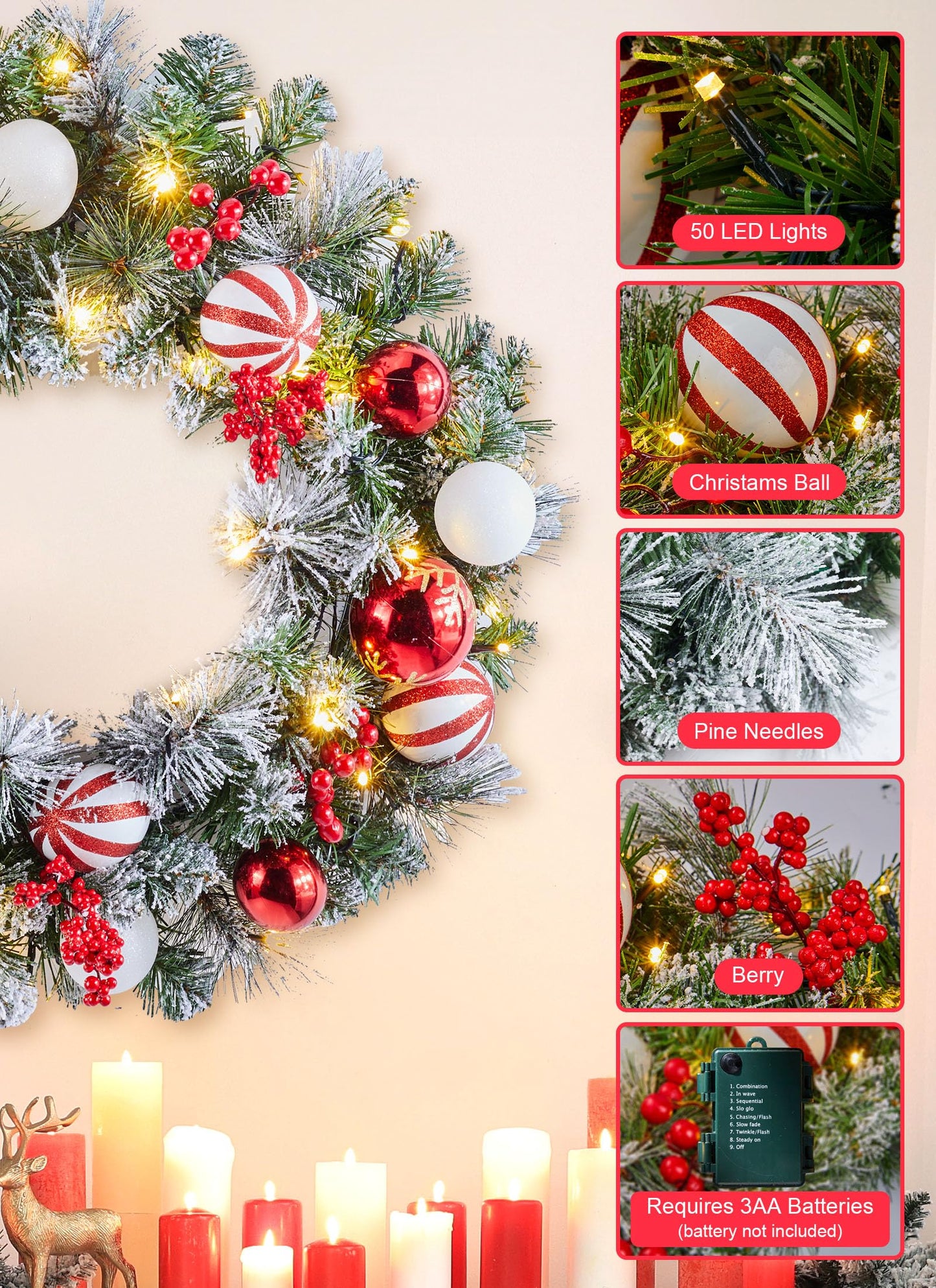 Pre-Lit Artificial Christmas Wreath 24Inch, Christmas Door Decorations Wreath with 50LED Warm Lights, Christmas Balls, Pine Needles, and Red Berries for Front Door Wall Windows X-mas Ornament