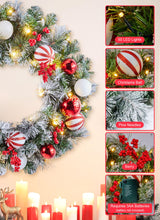 Pre-Lit Artificial Christmas Wreath 24Inch, Christmas Door Decorations Wreath with 50LED Warm Lights, Christmas Balls, Pine Needles, and Red Berries for Front Door Wall Windows X-mas Ornament Minetom