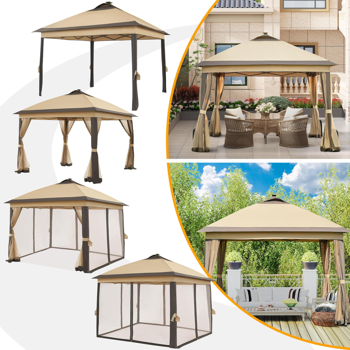 Yaheetech 11'x11' Pop Up Gazebo Instant Tent with 17 Solar LED Lights & Zippered Mesh Netting, Outdoor Shelter Sun Shade Gazebo with Sandbags for Backyard Garden Patio, Khaki & Brown Yaheetech