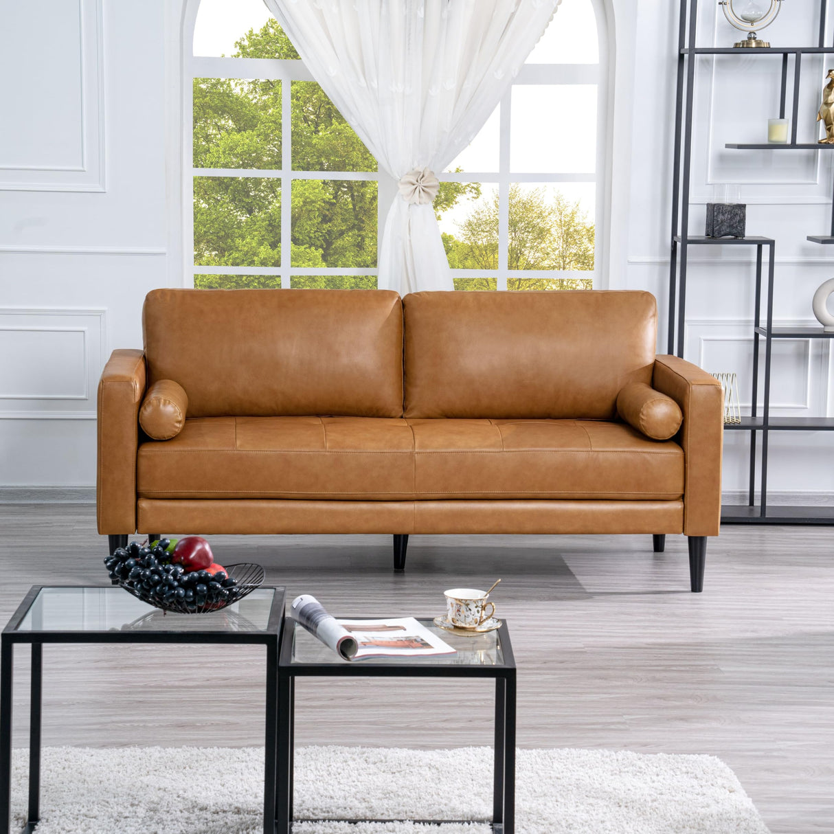 Naomi Home Marisa Genuine Leather Couch - Revel in Exquisite Leather Couch Opulence - Unparalleled Luxury Mid-Century Leather Couch – The Embodiment of Cozy Lounging and Contemporary Design, Tan Naomi Home