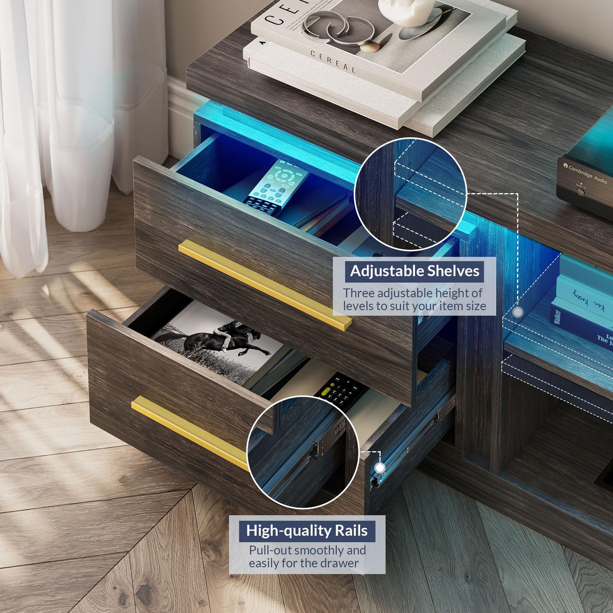 BELLEZE 66" TV Stand for TVs Up to 75", Entertainment Center with Music Sync LED Lights, Media Console Table Storage Cabinet with Open Shelves & Drawers for Living room, Bedroom - Hawthorn (Brown) BELLEZE