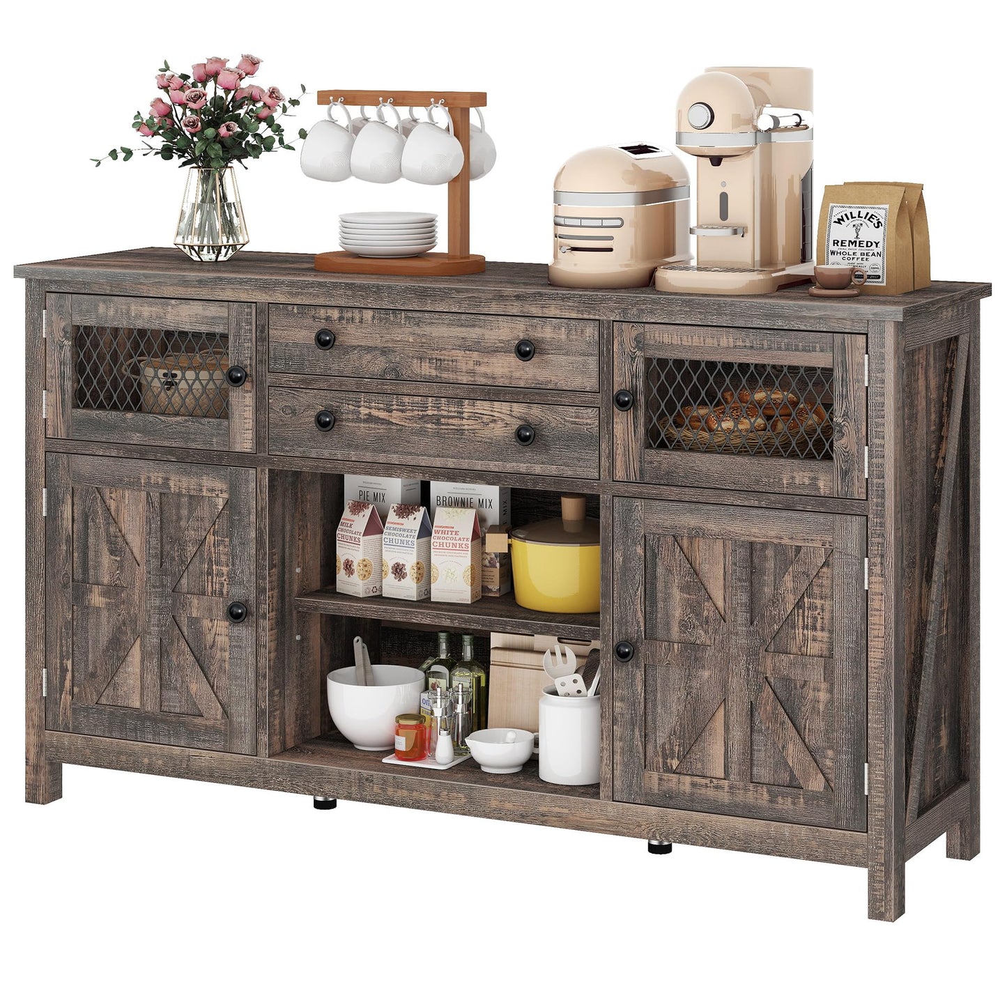 YITAHOME 59" Sideboard, Farmhouse Buffet with Storage, Kitchen Cabinet with 2 Large Drawers & Visual Grid Door, Coffee Bar Cabinet with Barn Door for Living Room, Dark Rustic Oak