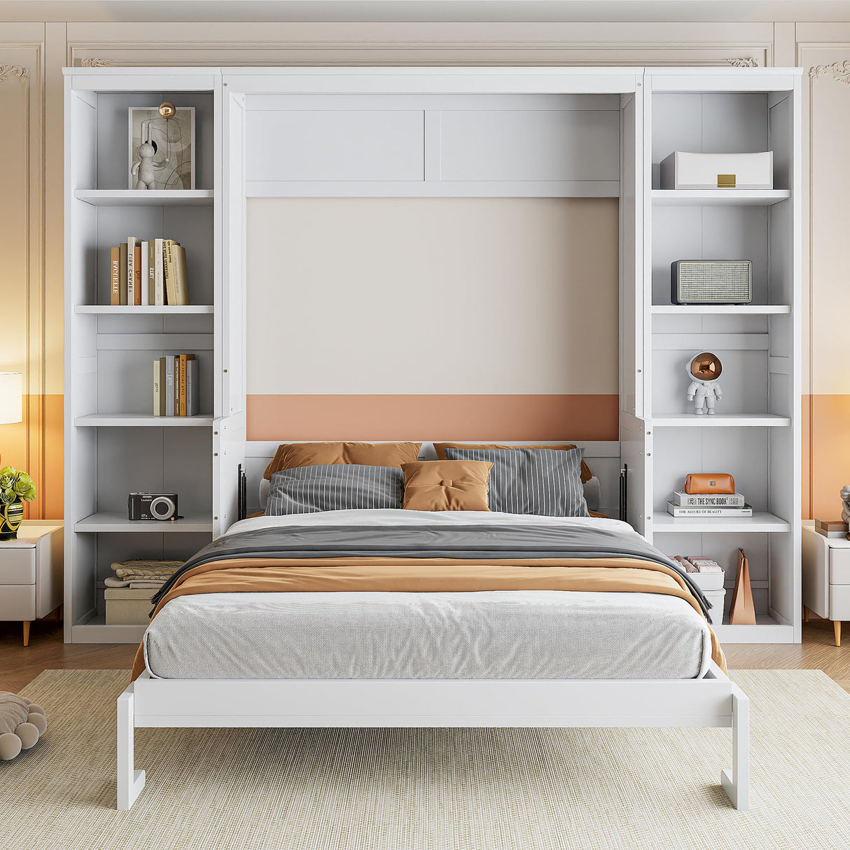 VYNELITO Queen Size Murphy Bed Frame with Bookshelves, Folding Wall Bed, Wooden Hidden Bed Frame for Bedroom Small Spaces Studio Study Office Guest Room-White VYNELITO