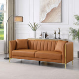 FOTOSOK 78'' Sofa, Modern Leather Couches for Living Room, Comfy, Faux Leather Sofa 3 Seater Sofa with 2 Throw Pillows and Gold Metal Legs, Deep Seat Sofas (Brown) FOTOSOK