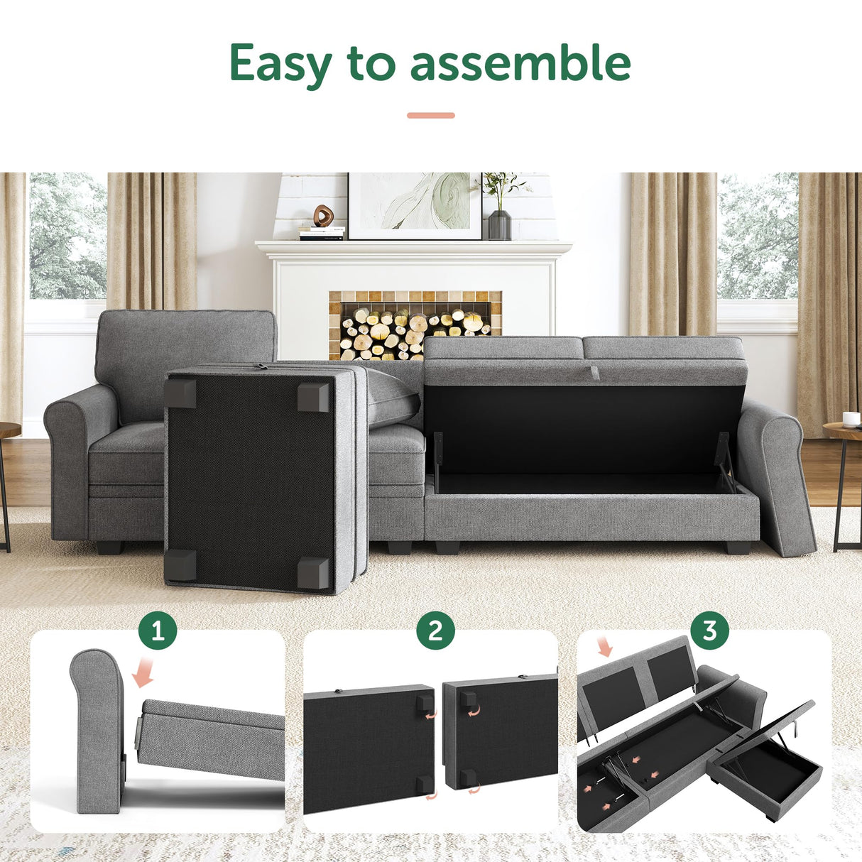 HONBAY Sectional Sofa with Storage Seat U Shaped Sectional Couch with Reversible Chaise Convertible Sectional Couches for Living Room,Light Grey HONBAY