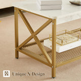 VECELO Coffee Table with 2-Tier Storage Shelf X-Frame for Living Room, Office Industrial Style,Easy Assembly, 39 inch White Gold VECELO