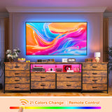 EnHomee 12 Drawer Dresser TV Stand for 65 70 75 Inch TV 63" W Extra Long Dresser for Bedroom with LED Lights & Power Outlets Entertainment Center with Fabric Drawers for Closet Rustic Brown EnHomee