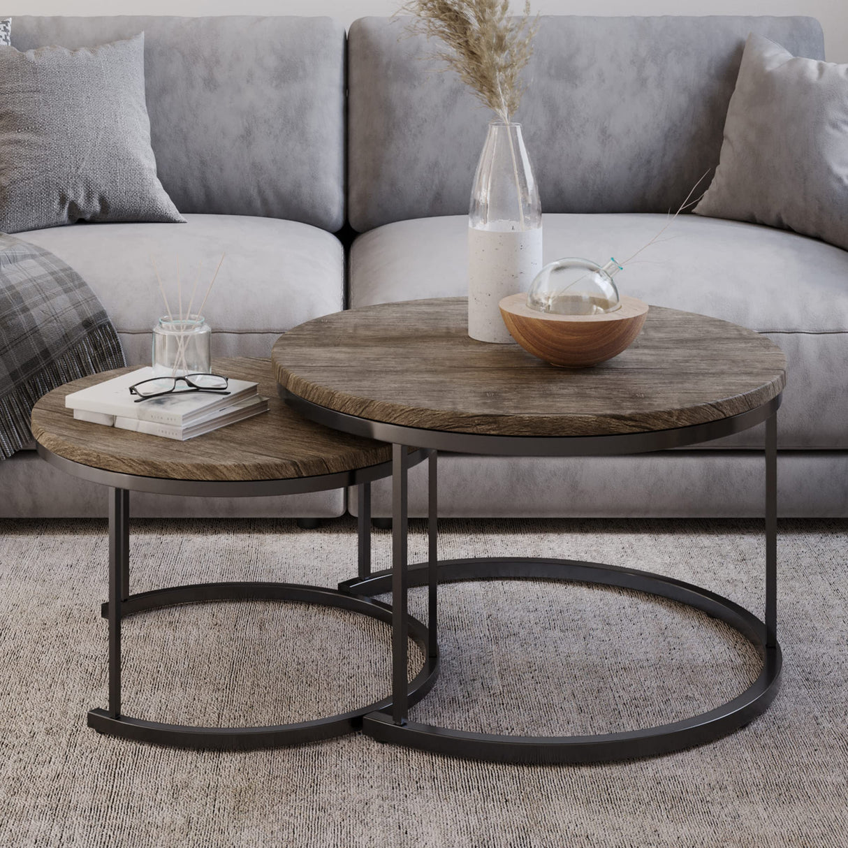 Lavish Home Round Coffee Table Set - 2-Piece Nesting Tables to Use Together or Separately - Modern Farmhouse Style (Gray-Brown) Lavish Home