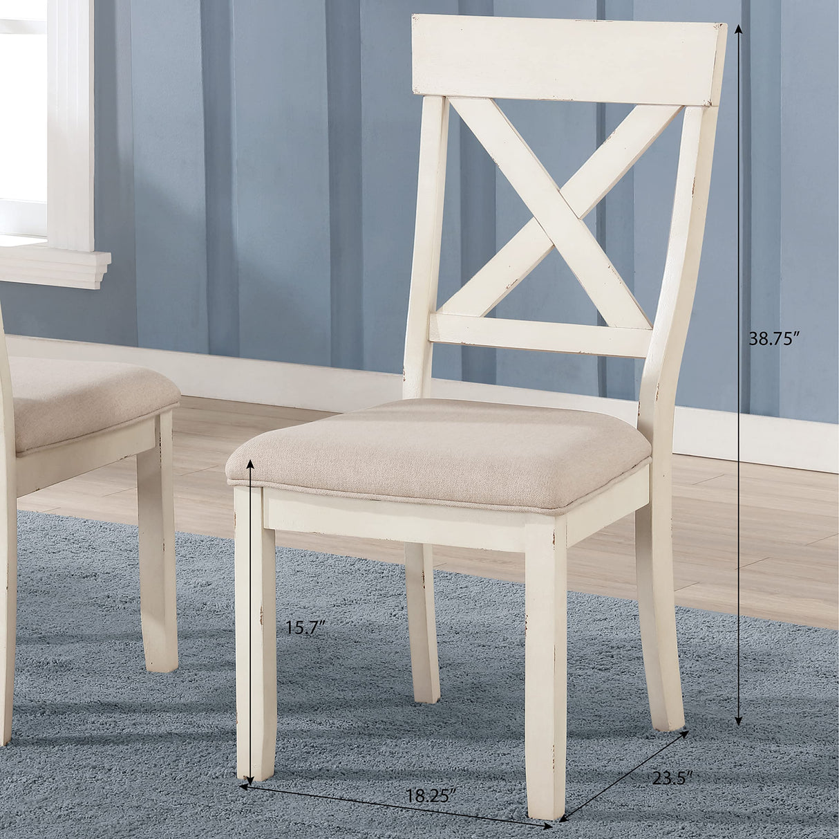 Roundhill Furniture Prato Wood Cross Back Upholstered Dining Chairs, Set of 2, Antique White Roundhill Furniture