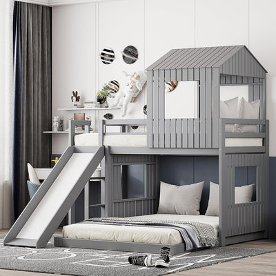 Harper & Bright Designs House Floor Bunk Beds with Slide, Wooden Twin Over Full Bunk Beds with Slide, Roof and Guard Rail for Kids, Teens, No Box Spring Needed (Gray, Twin Over Full Size)