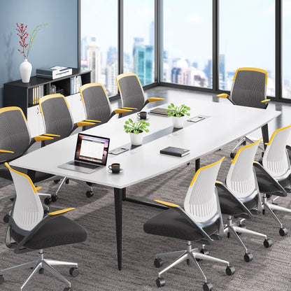 Tribesigns 8FT Conference Table, 94.48L x 47.21W x 29.52H Inches Boat Shaped Meeting Table with Rectangle Grommet, Modern Seminar Table for Office Meeting Conference Room (White & Black, 8ft)