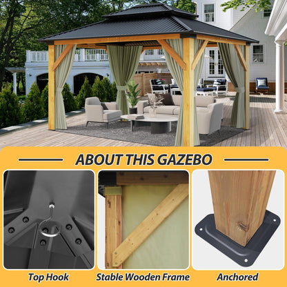 11'x13' Wood Gazebo, Hardtop Cedar Gazebo with Double Roof Galvanized Steel Top, Outdoor Solid Wooden Gazebo with Curtain & Netting for Garden, Patio, Deck, Backyard