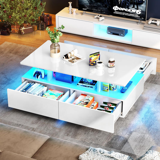 YITAHOME LED Coffee Table with Storage, High Glossy LED Coffee Tables for Living Room, Small Center Table with Open Display Shelf & Sliding Drawers, Rectangular Coffee Table, White