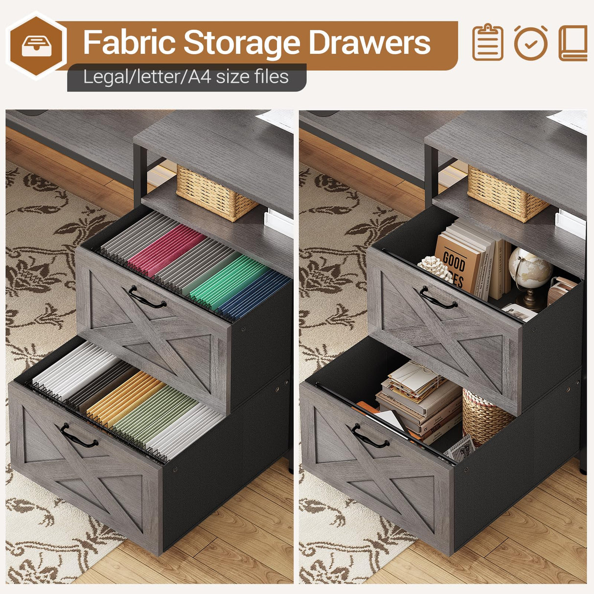 SEDETA 67" L Shaped Desk with Drawers, Computer Office Desk with Storage Shelves & Power Outlet, Reversible Gaming Desk with LED Lights for Home Office, Grey SEDETA