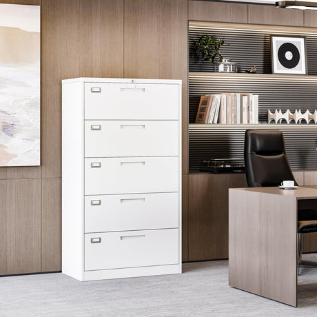 Yizosh 5-Drawer Metal Locking File Cabinet in White - Organiser for Home or Office Yizosh