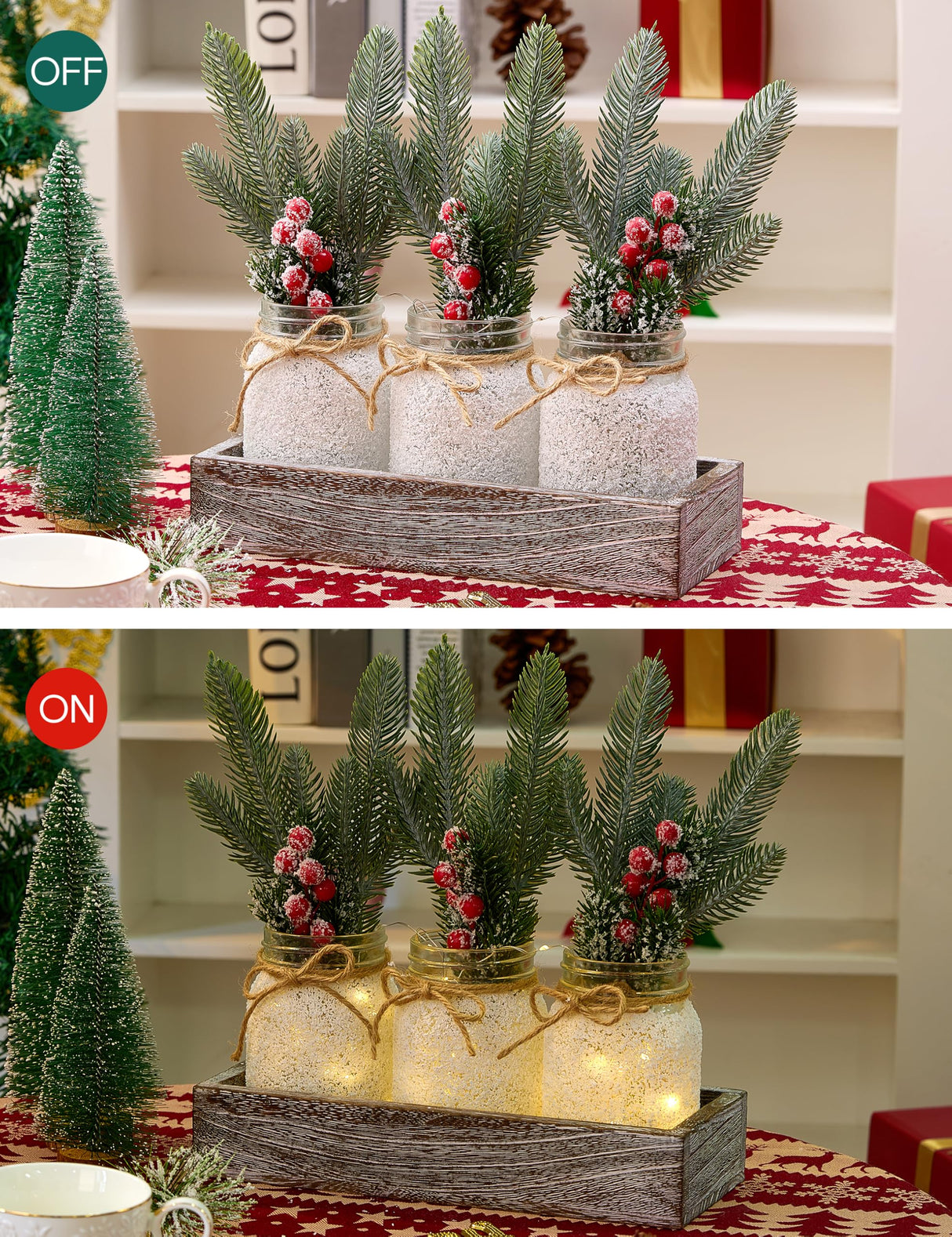 KIVIVO Christmas Centerpieces for Tables, Table Decor with Mason Jar, Flowers Picks, Farmhouse Wood Tray, 23 Pcs Christmas Winter Table Decorations Centerpieces, Xmas Holiday, Kitchen, Dining Decor KIVIVO