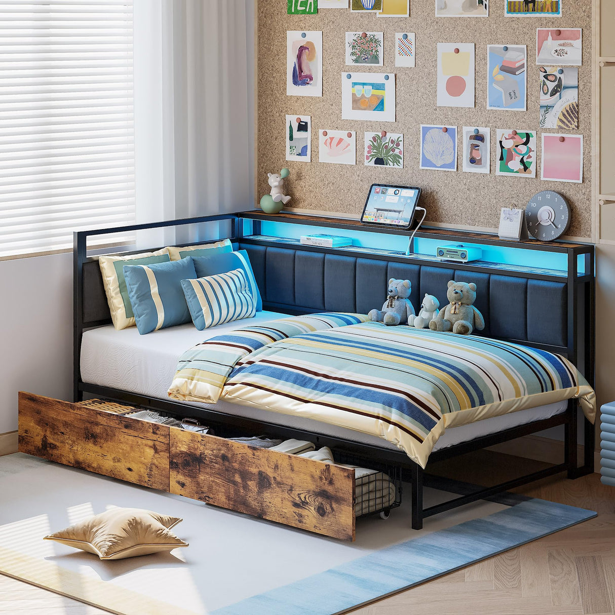 LIKIMIO Corner Bed Frame Twin Daybed with Storage Drawers, Metal Platform Bed Frame with LED Light, Charging Station & Fabric Upholstered Fence, Black LIKIMIO