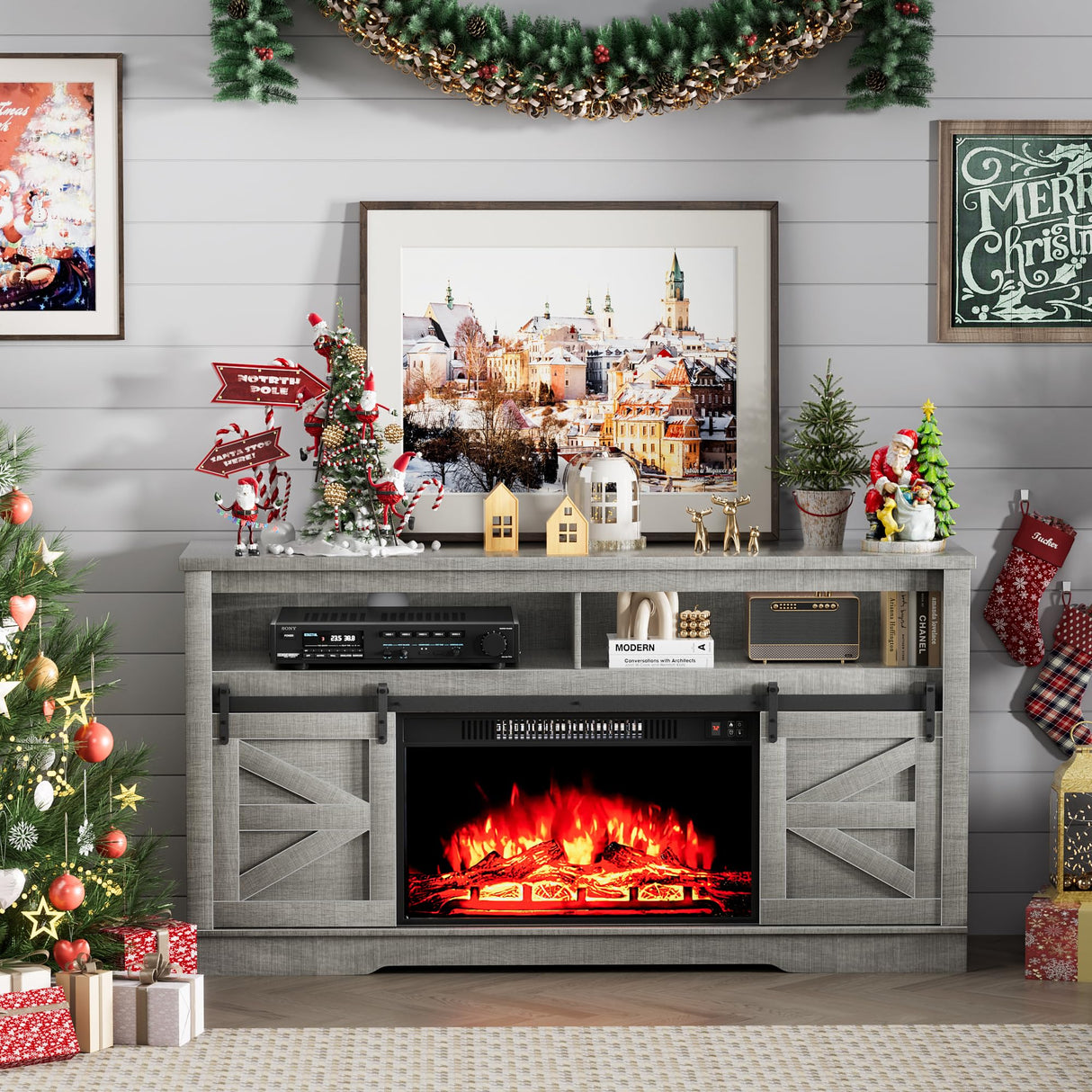 Furniwell Electric Fireplace TV Stand for TVs up to 65", Media Entertainment Center with 26” Fireplace, Farmhouse Console with Sliding Barn Door and Adjustable Storage Shelves for Living Room (Gray) Furniwell