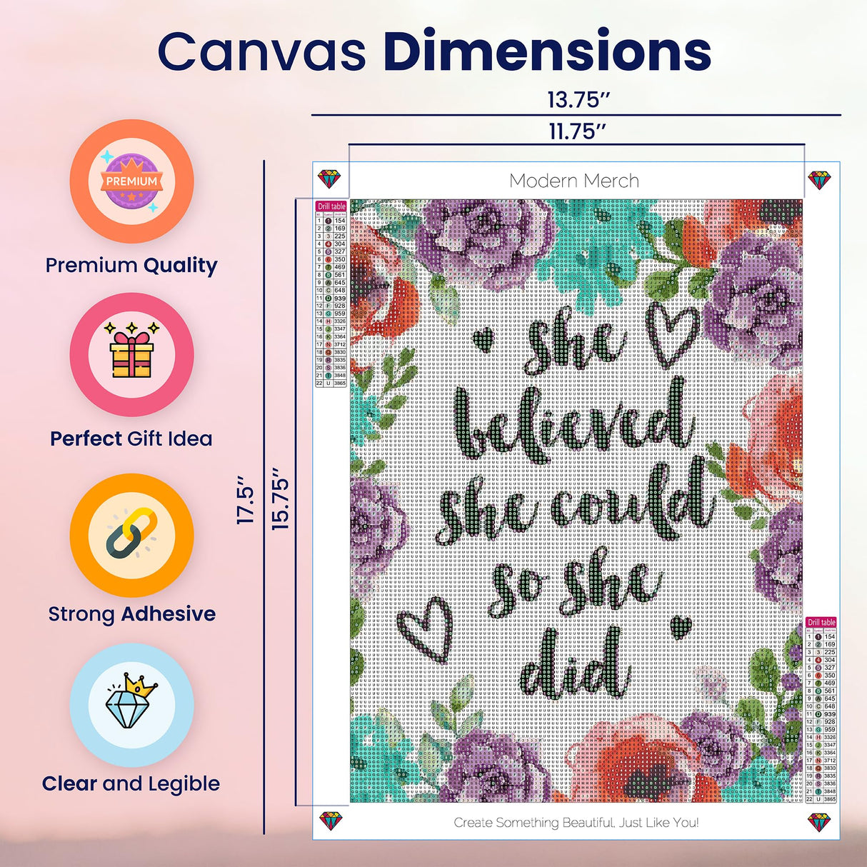 Modern Merch Inspirational Diamond Art for Adults DIY Motivational Quote Wall Art Floral 5D Diamond Painting for Adults, Flowers Cross Stitch Gem Art, Round Drill 12x16 Modern Merch