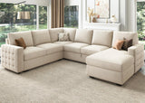 HONBAY Sectional Couch with Pull Out Bed, Sectional Sleeper Sofa with Storage, U Shape Sectional Couches for Living Room,Velvet Beige HONBAY