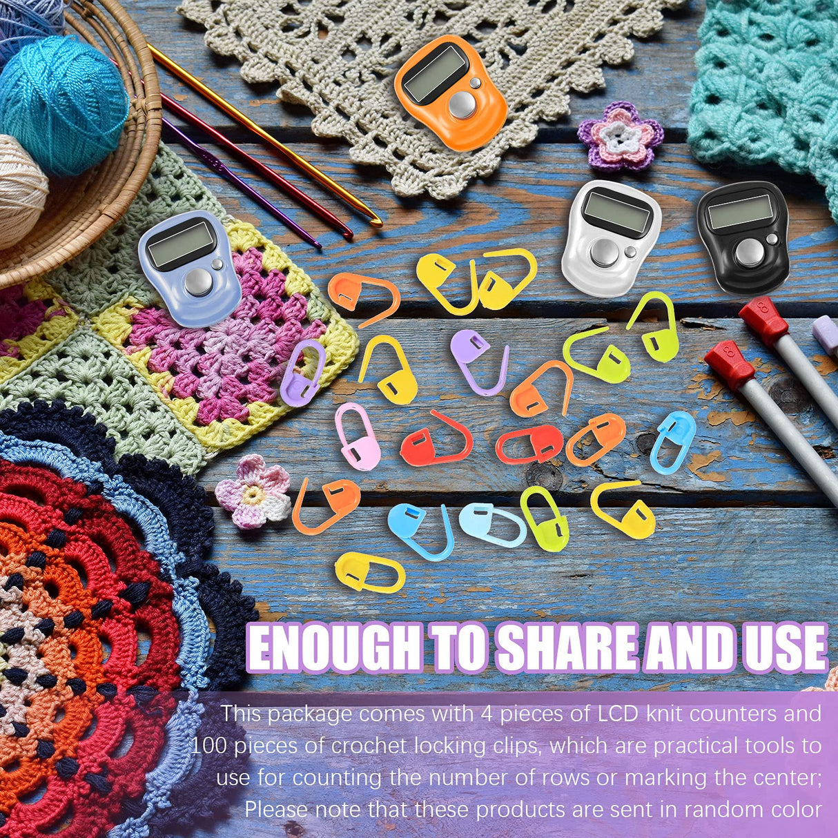 Kingdder 4 Pcs Stitch Counters LCD Finger Digital Row Counter with 100 Pcs Crochet Stitch Marker for Crocheting and Knitting Sewing Weaving, Resettable Finger Counter for Crochet, Knitting, Score, Lap Kingdder