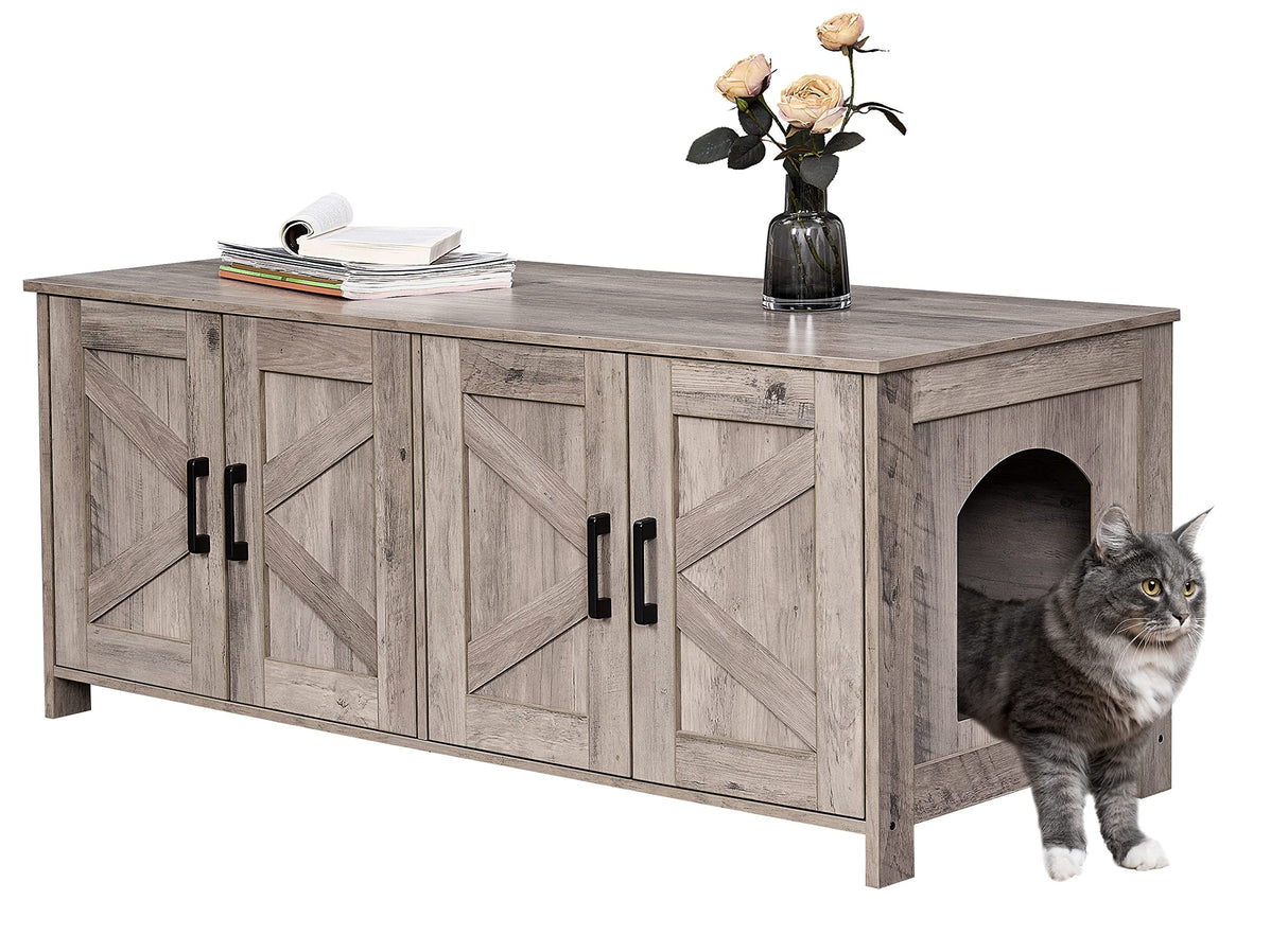 Homhedy Cat Litter Box Enclosure for 2 Cats, Litter Box Furniture Hidden with Double Room,Wooden Cat Washroom Furniture,Cat House,47.2”L x 19.7”W x 19.7”H,Greige Homhedy
