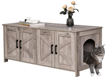 Homhedy Cat Litter Box Enclosure for 2 Cats, Litter Box Furniture Hidden with Double Room,Wooden Cat Washroom Furniture,Cat House,47.2”L x 19.7”W x 19.7”H,Greige Homhedy